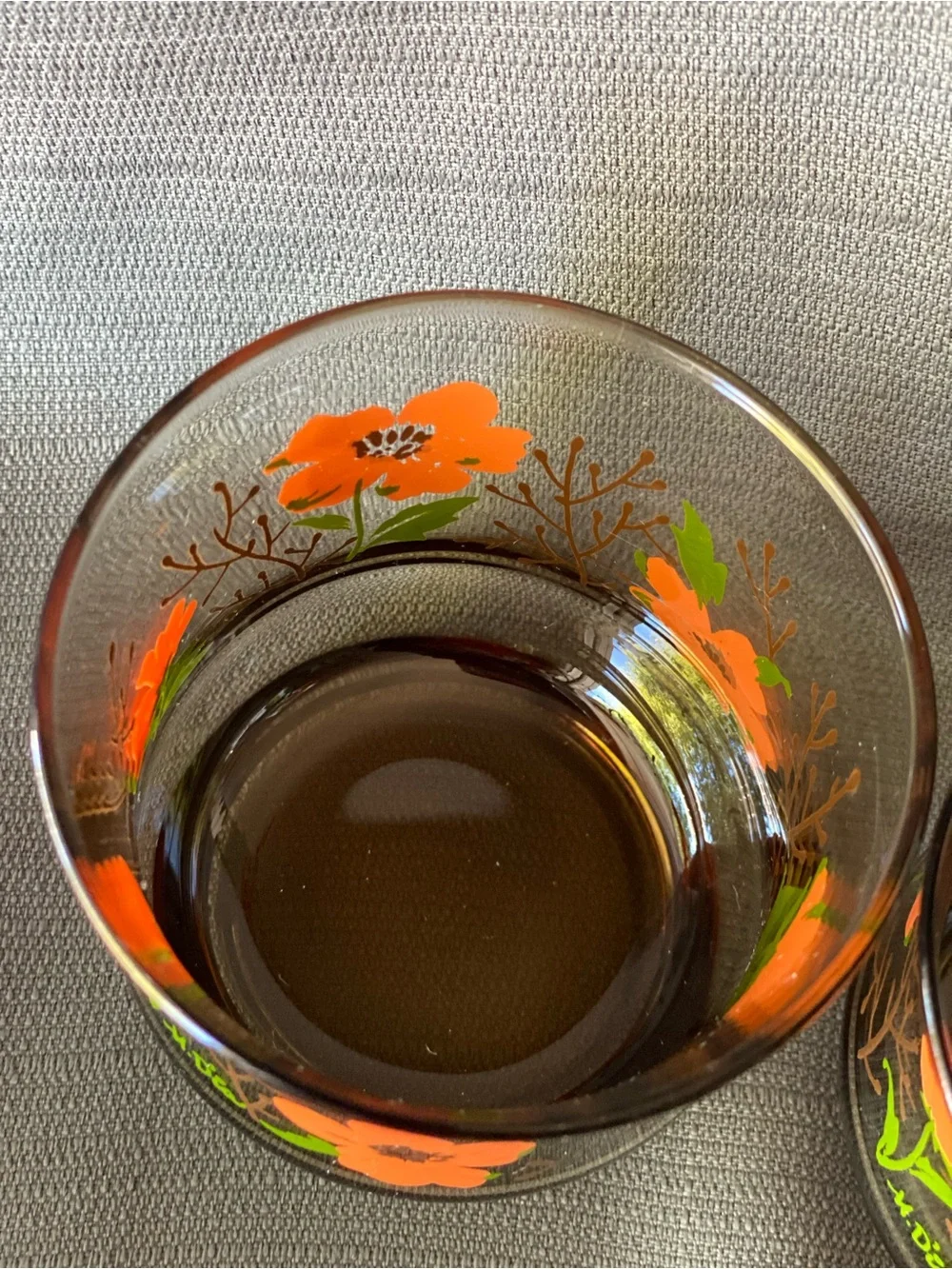 Vintage M. Dia Libbey Floral Smoked Glass Lowball Tumblers Set of 2